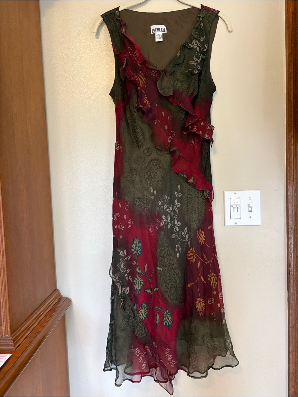 Robbie Bee 100% Silk Ruffle Floral Midi Dress Burgundy Olive Size 14